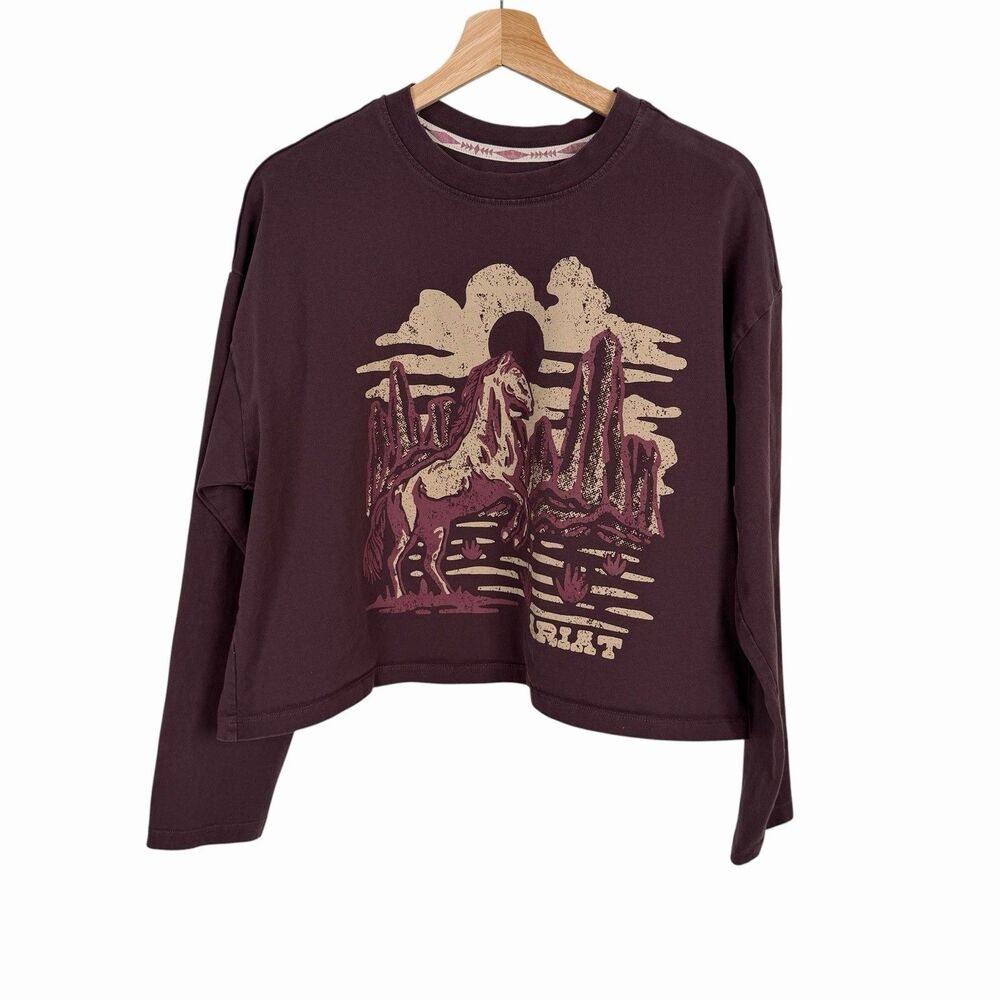 Ariat Desert Horse Long Sleeve T Shirt Large Graphic Wild West Western Crop Top